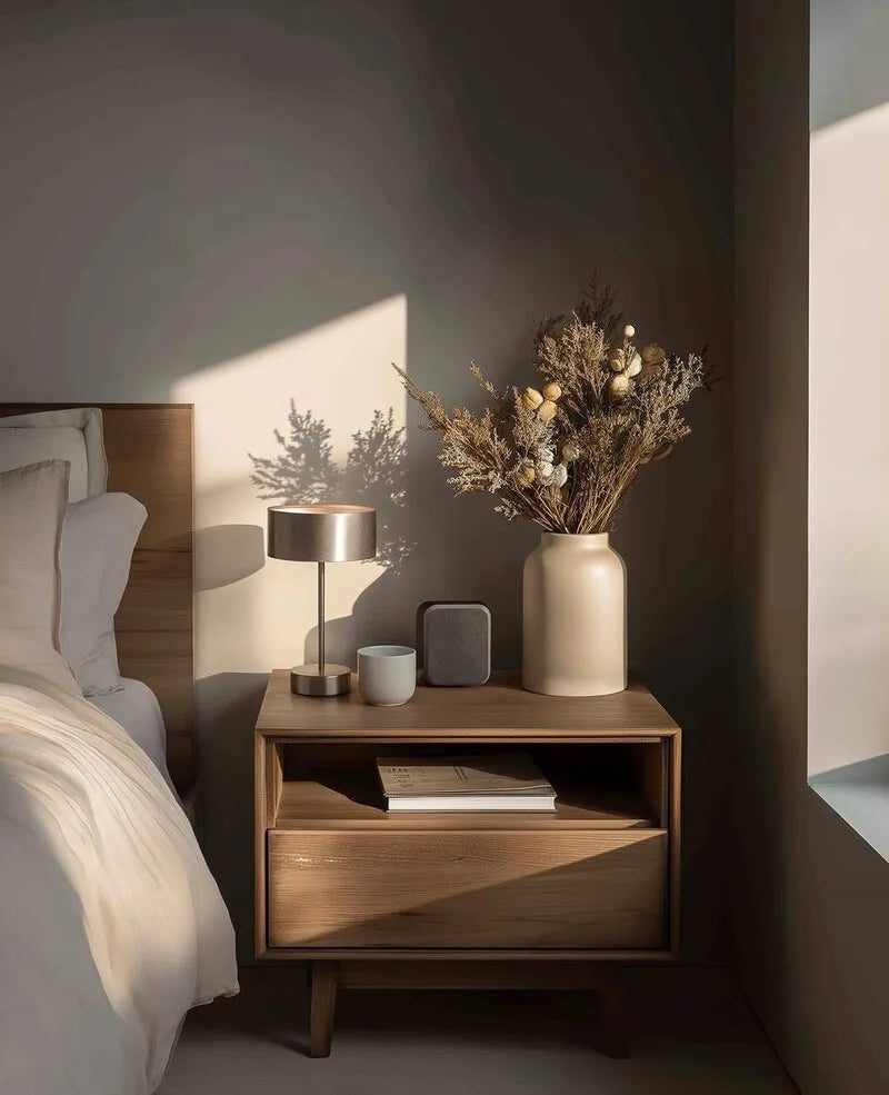 Holzfarbener Nachttisch mit Schublade, offenem Fach, Tischlampe und Trockenblumenvase im modernen Schlafzimmer mit warmem Tageslicht.