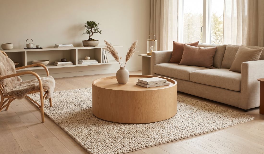 Runder Japandi Eiche Couchtisch Bowl